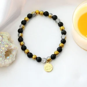 Obsidian Elastic Bracelet | 24K Lotus Flower