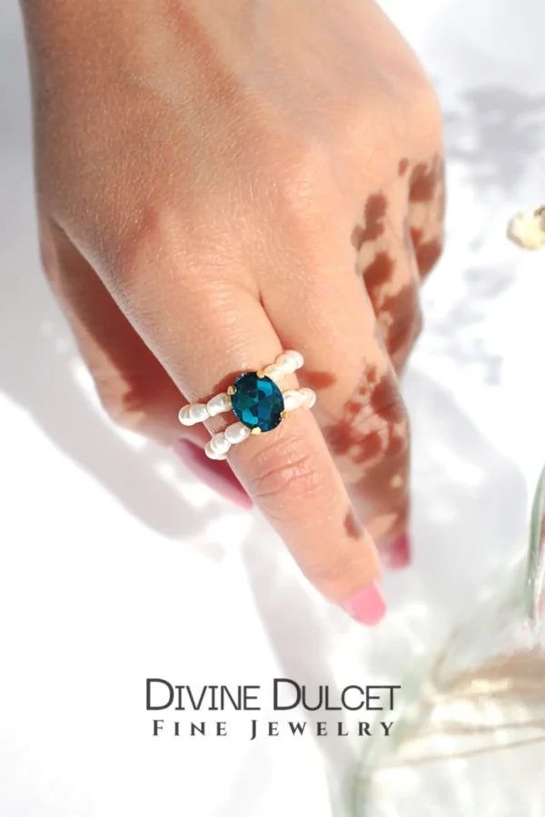 "Ocean Secret" | 3 Shades Blue CZ Freshwater Pearl Rings - Image 2